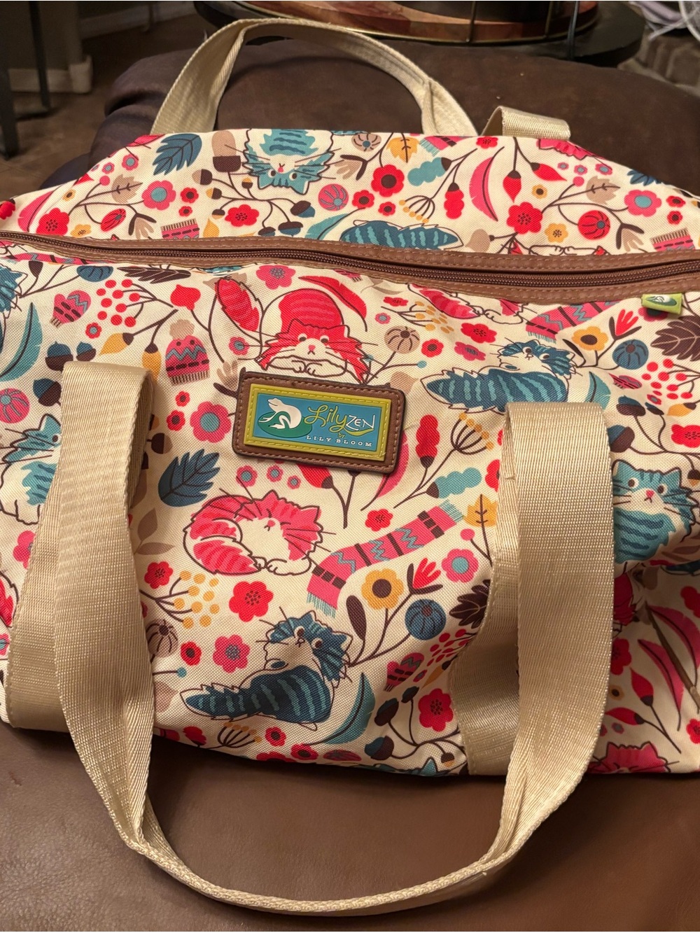 Lily Bloom Cream Canvas Tote with Pink & Blue Cat Floral Print